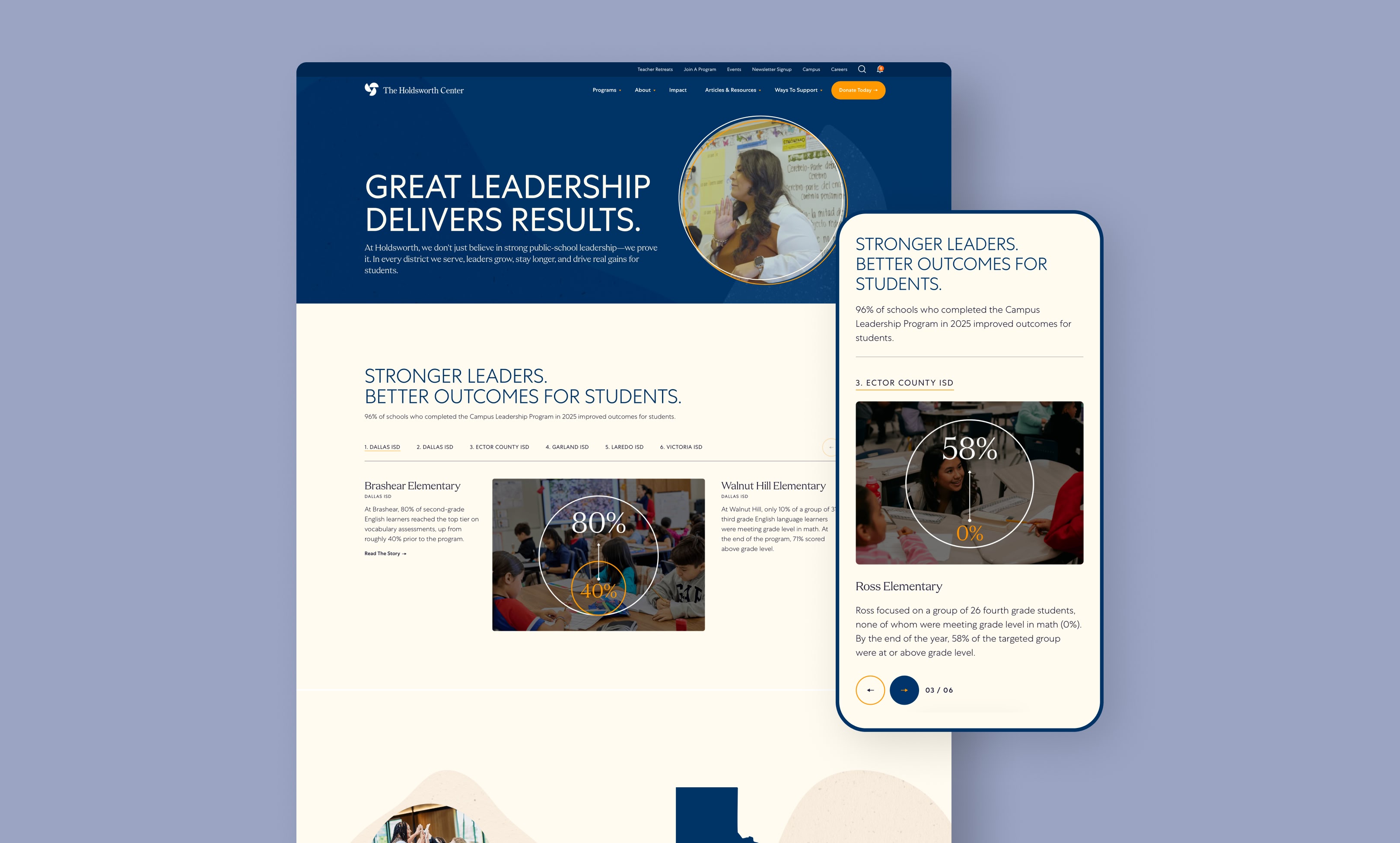 A website and mobile view show a leadership-focused education program. The design features images, statistics, and text, conveying professionalism and success.