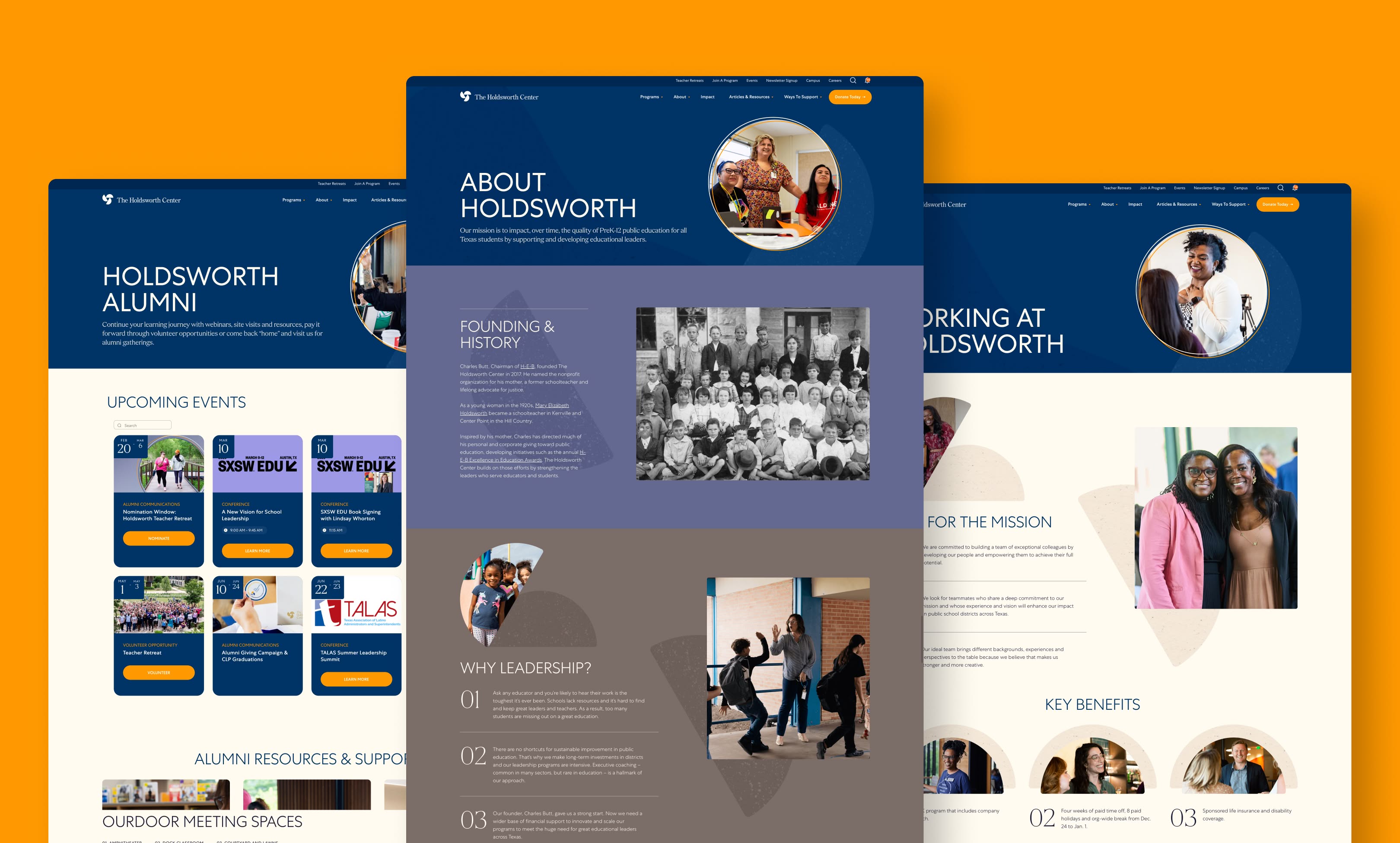 Three overlapping web pages with a blue theme are displayed against an orange background. They feature Holdsworth alumni, events, and working at Holdsworth sections.