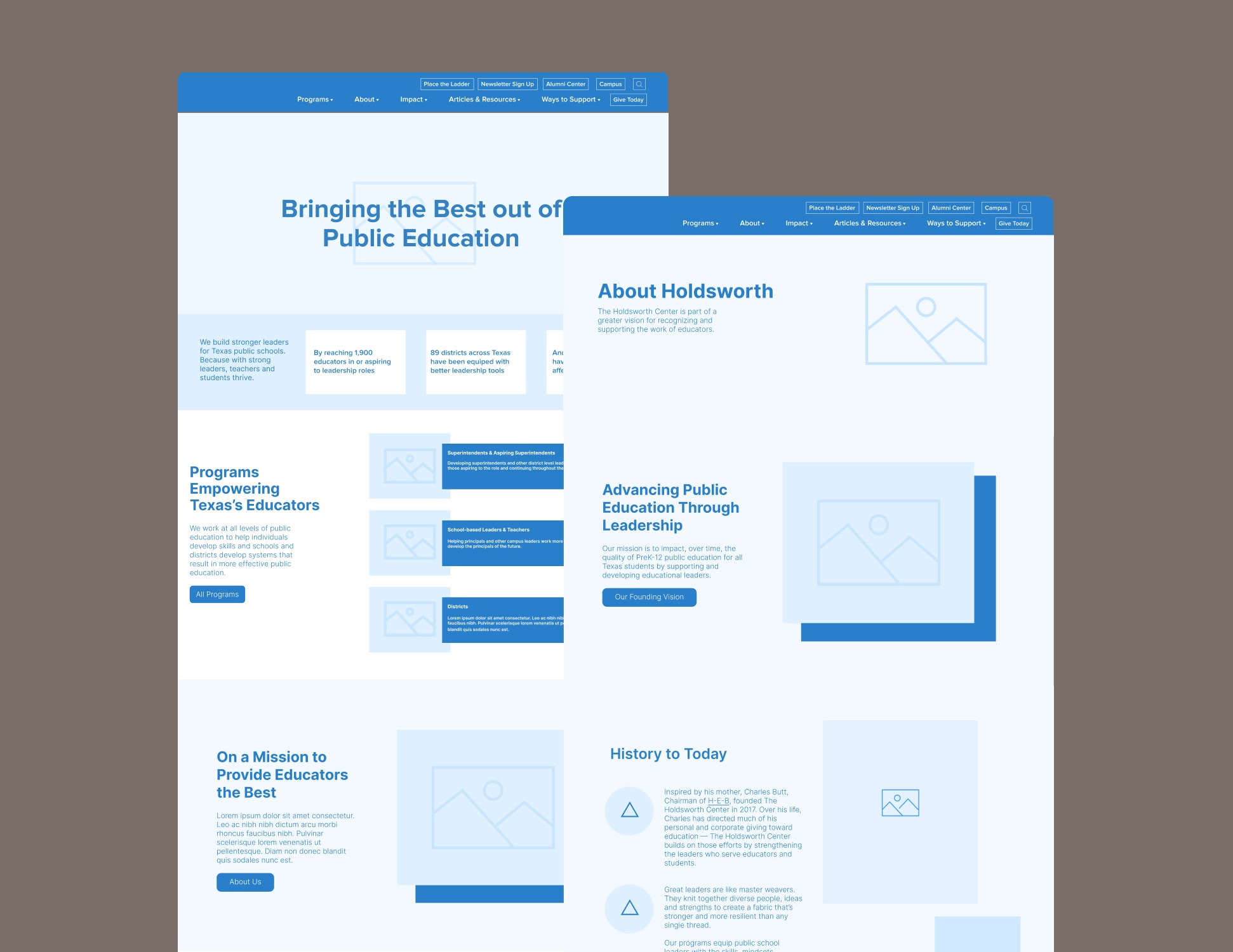 Web page design with a blue and white theme focusing on public education initiatives. Features text sections, image placeholders, and navigation menus.