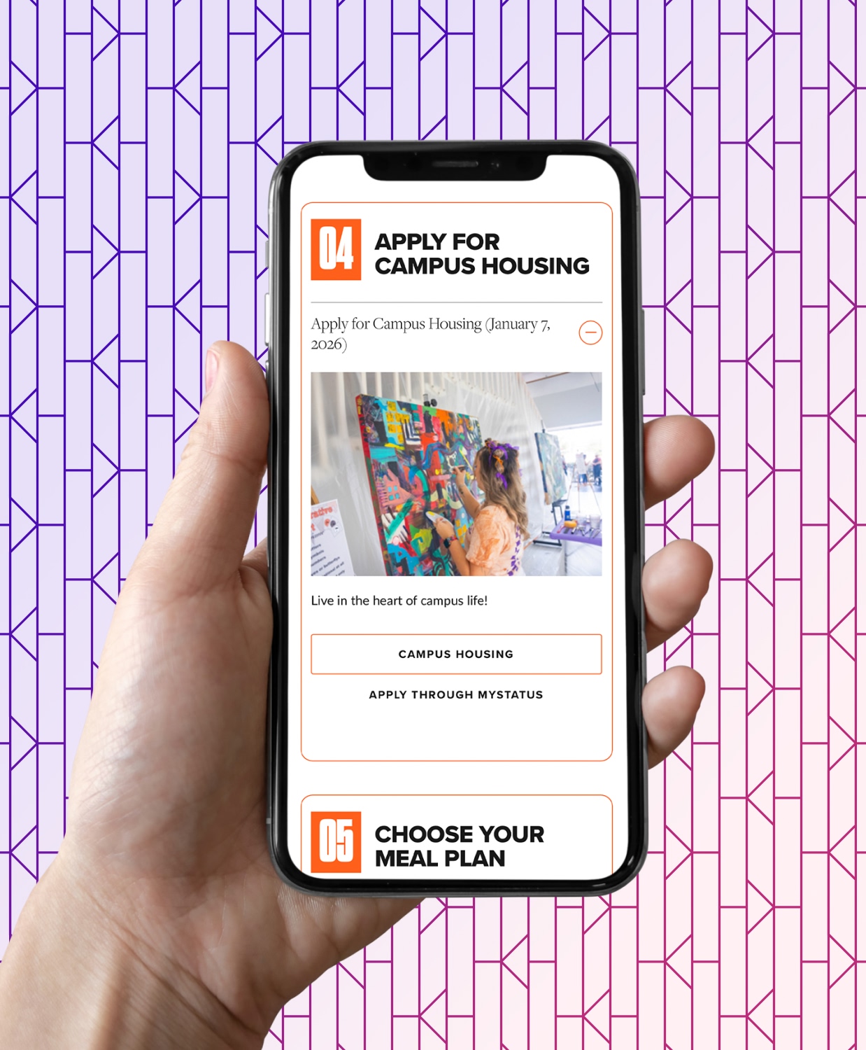 Hand holding smartphone showing campus housing application page. Background is a geometric purple pattern. Prominent text states, 