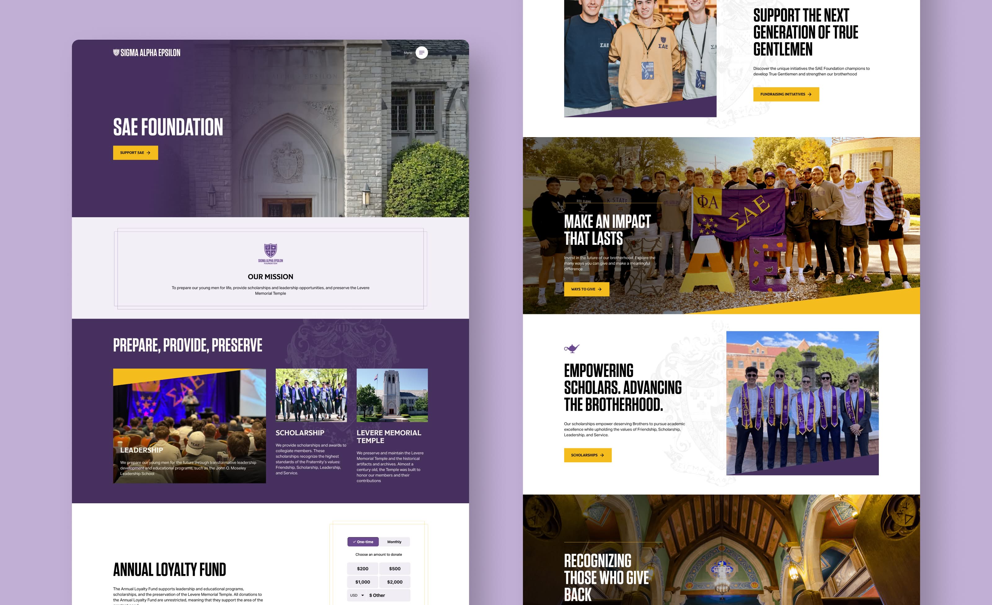 A Sigma Alpha Epsilon webpage features a purple and white theme. It highlights mission, scholarship, brotherhood, and impact with group photos and a stone building.