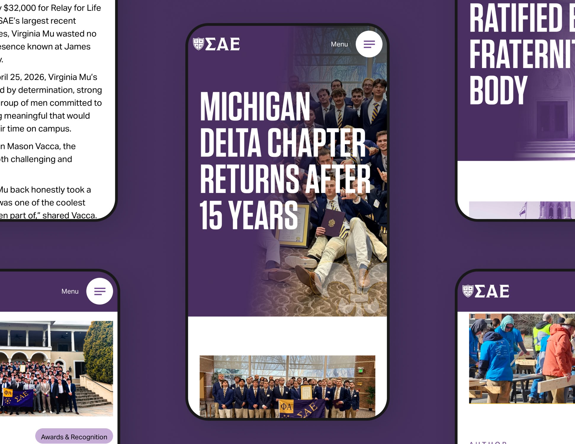 Mobile app interface showcasing news about the Michigan Delta Chapter's return, featuring group photos of members dressed in formal attire, set against a purple background.