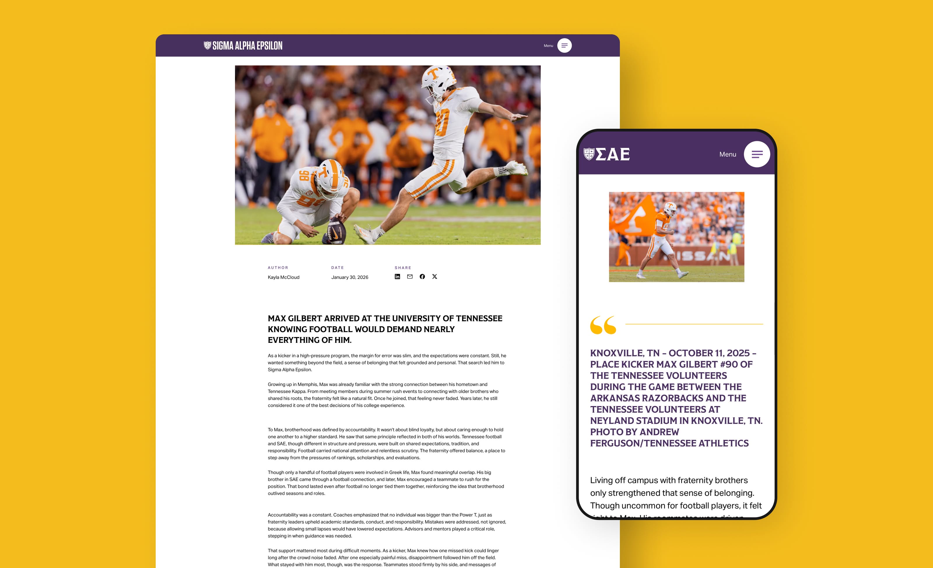 Article on Sigma Alpha Epsilon website featuring a University of Tennessee football game image. The web page shows a football player kicking a ball and a mobile display with text about the event. Vibrant orange and white team colors are prominent.