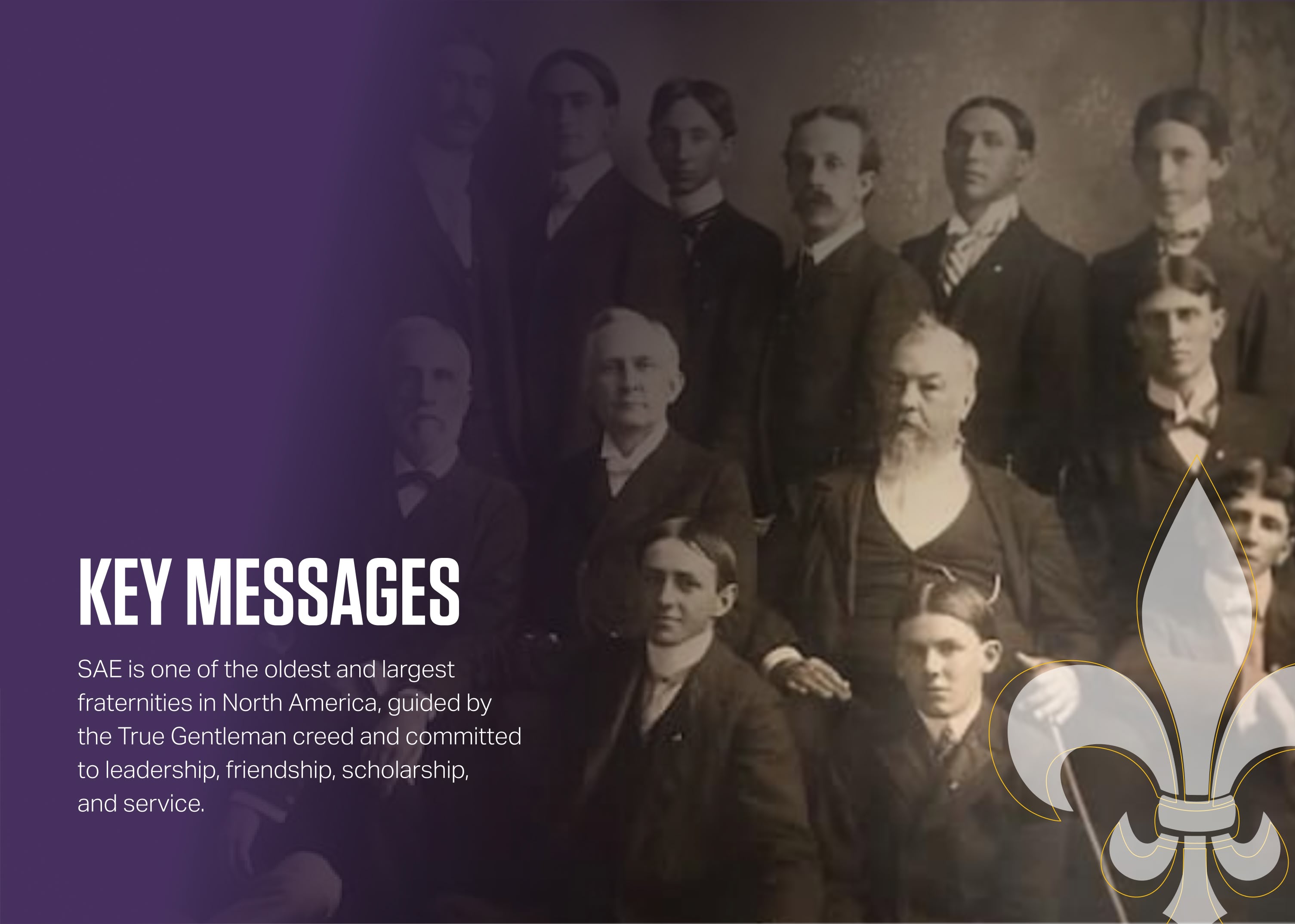 Vintage photo of suited men alongside text about SAE fraternity values: leadership, friendship, scholarship, service. Fleur-de-lis symbol overlays.