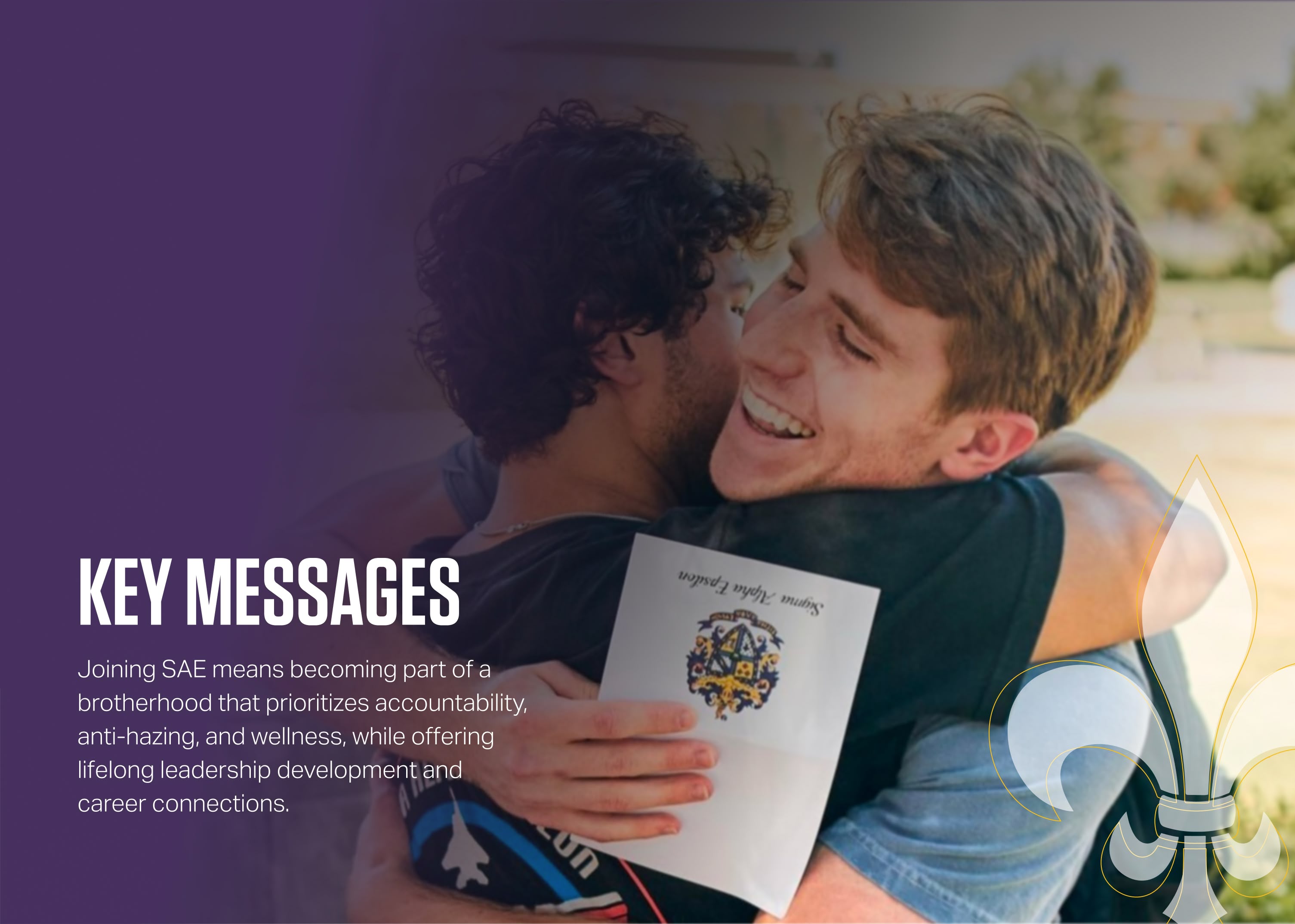 Two young men joyfully embrace while holding a fraternity document. Text on the image highlights brotherhood, accountability, and leadership.