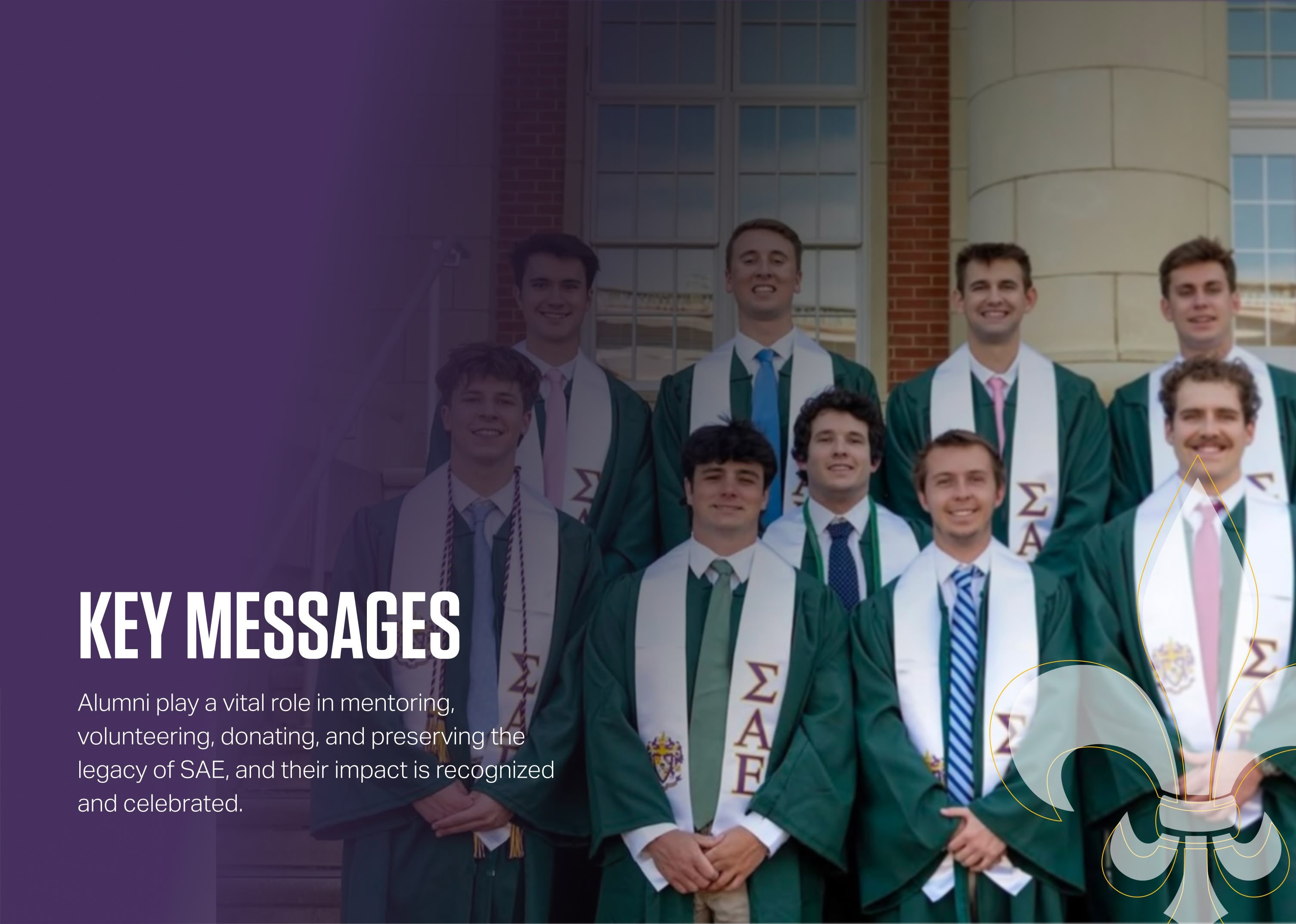 A group of men in green graduation gowns with SAE sashes stand smiling in front of a building. Text reads 