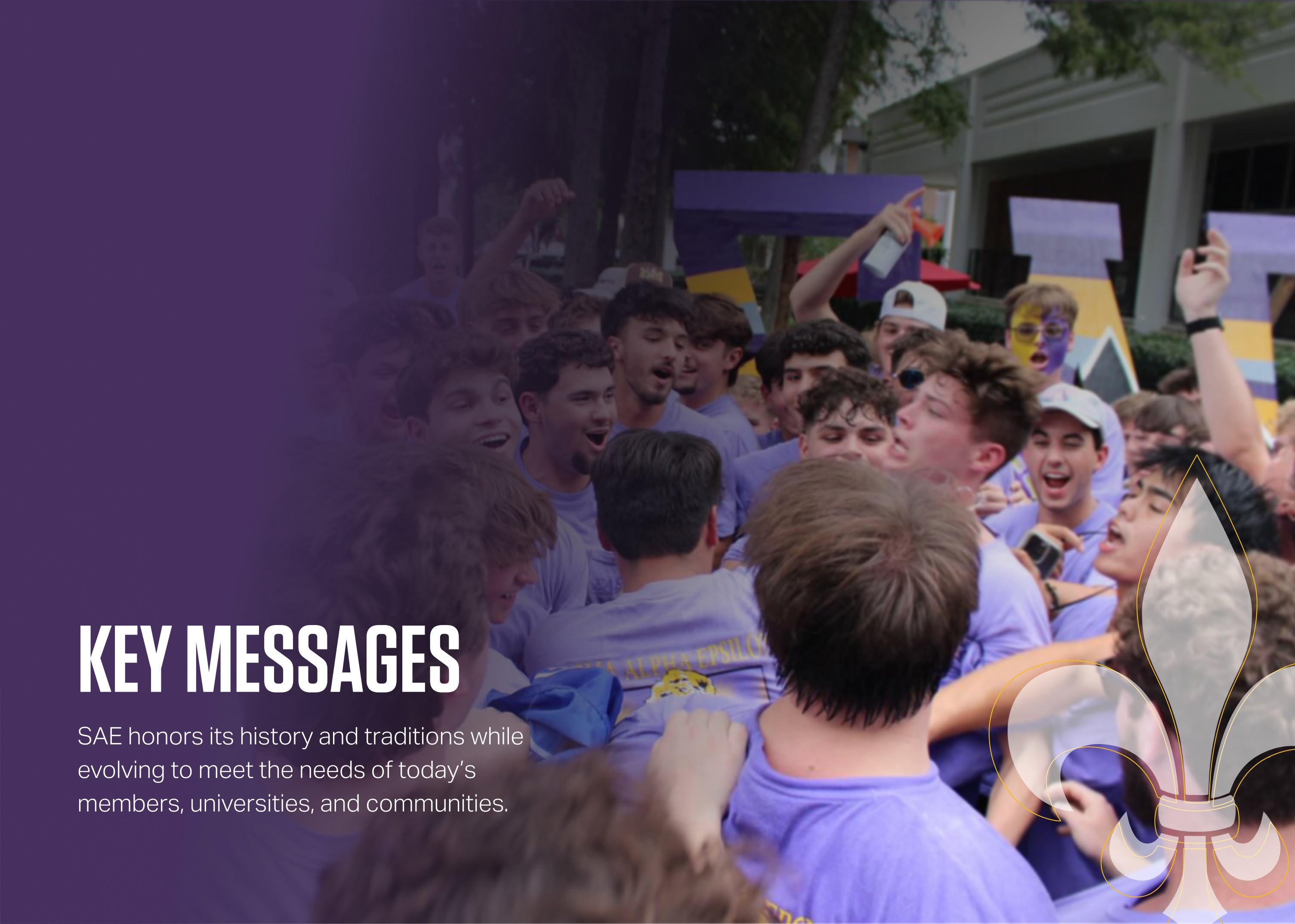 A group of enthusiastic young men in matching purple shirts cheer in a joyful crowd. Text reads 