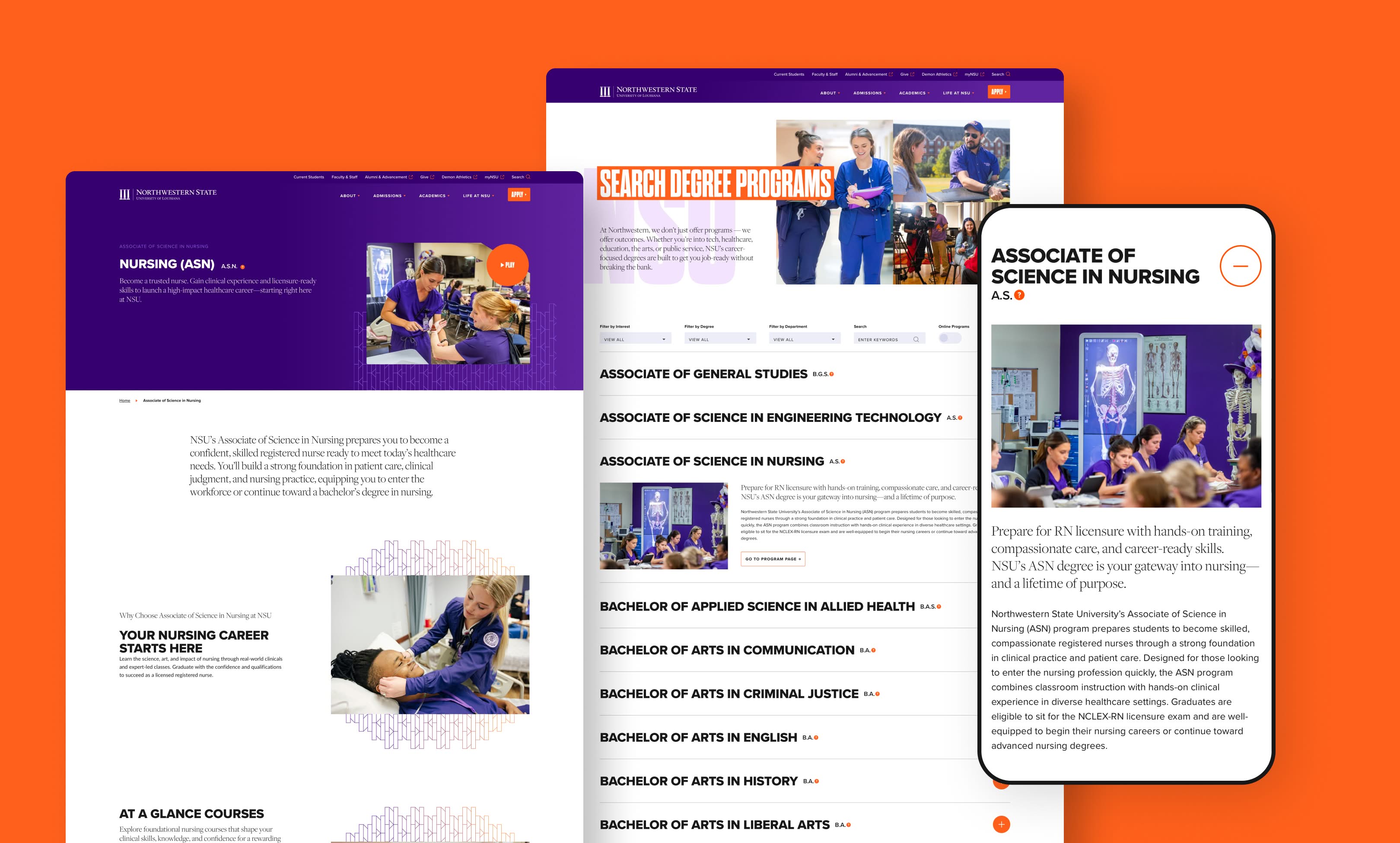 3 flat designs, 2 desktop and one mobile of degree programs page; Website featuring nursing program details with images of students in medical settings. Bold orange and purple accents highlight academic offerings.