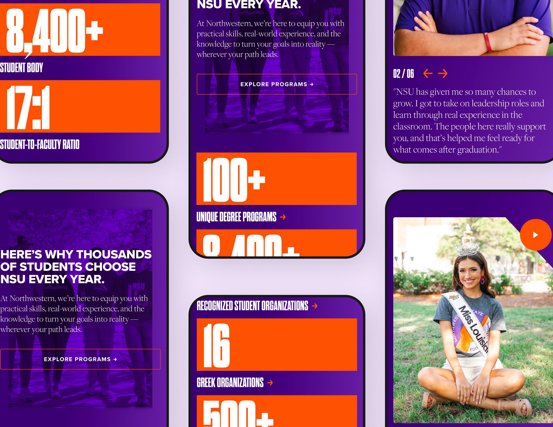 Collage of NSU highlights: 8,400+ student body, 17:1 ratio, 100+ programs. Quote on growth, image of smiling person in a 