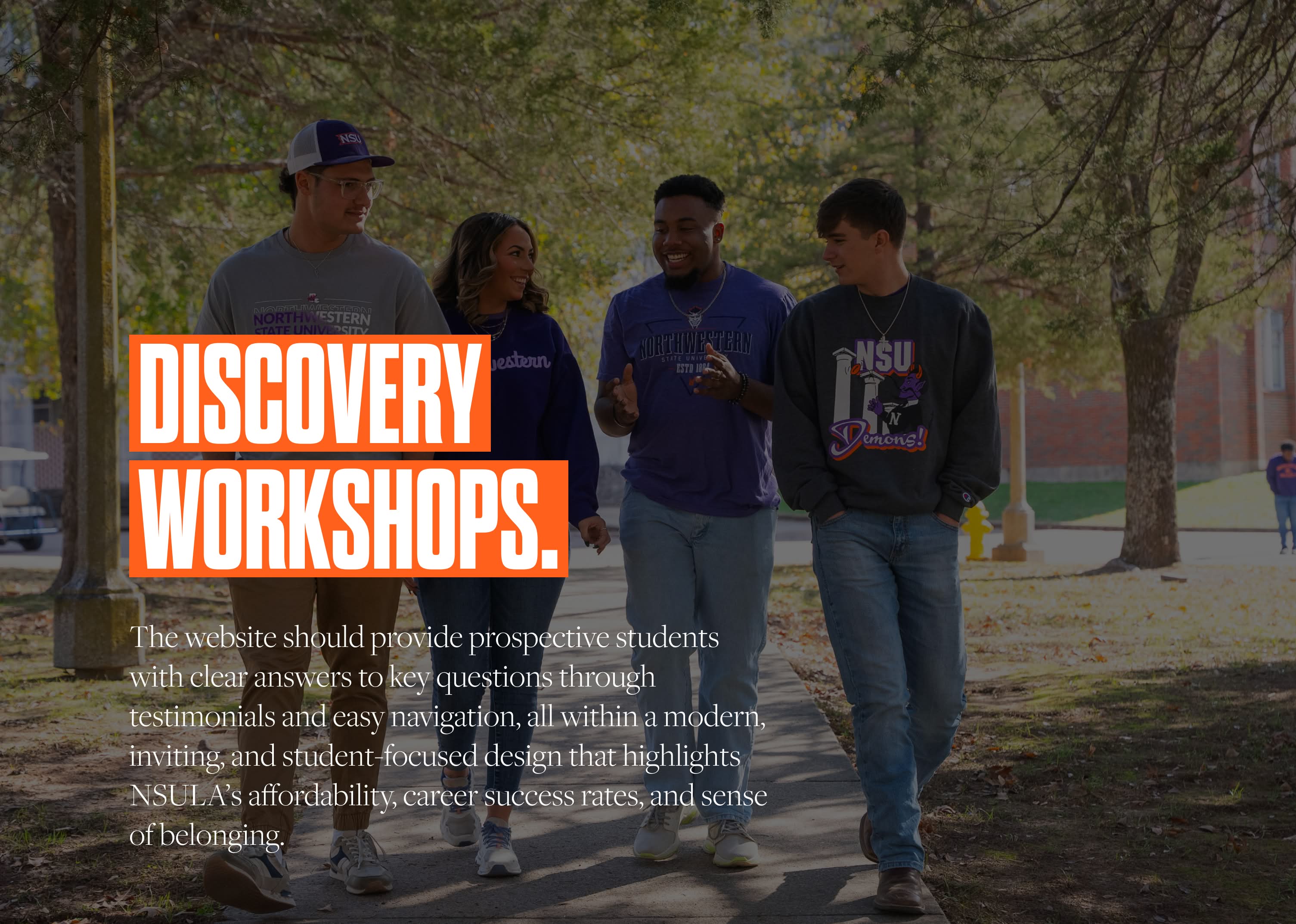 four students walking down a sidewalk with the discovery workshop words and summary overlaying image.