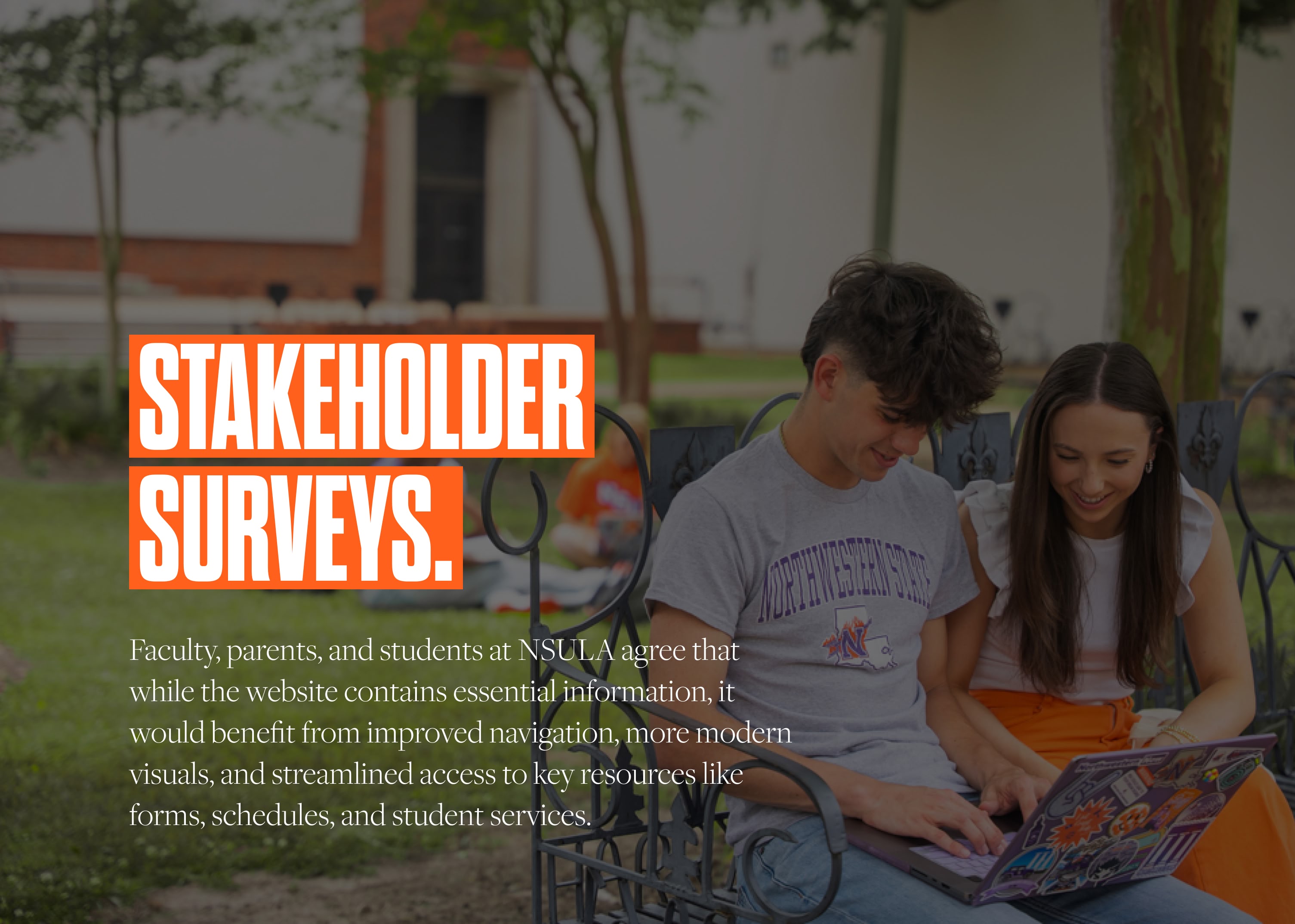 Two students sit on a bench with a laptop, smiling at the screen. Text reads “Stakeholder Surveys” alongside feedback on NSULA's website improvements.