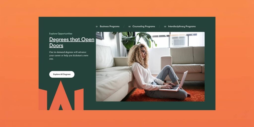 Amberton University degree programs section with woman working on laptop at home