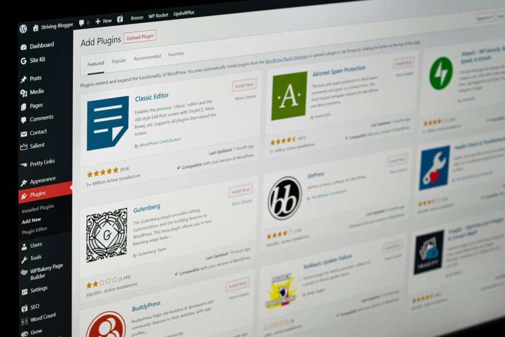 Close-up of the WordPress dashboard "Add Plugins" screen