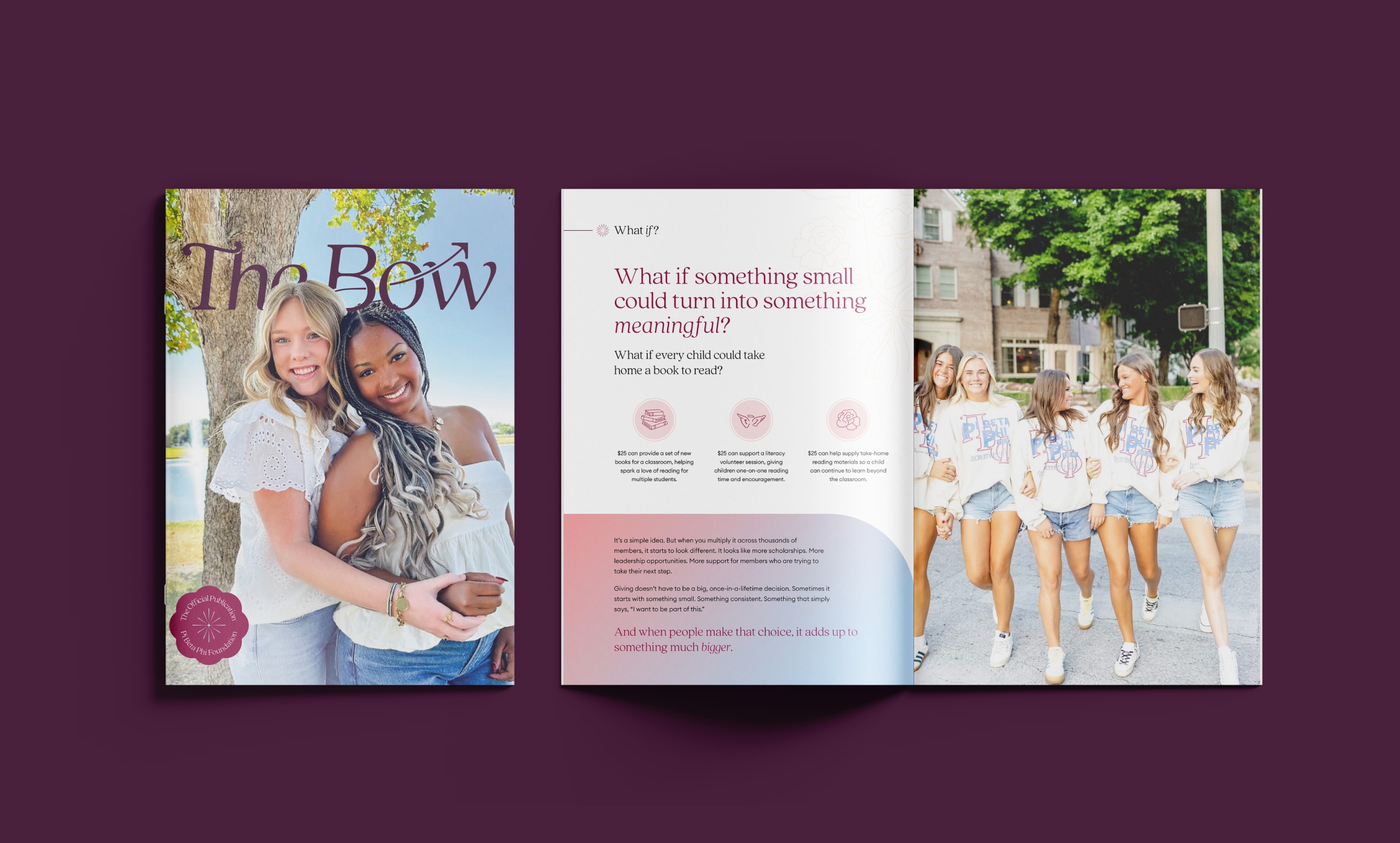 Sorority magazine featuring branded editorial layouts, photography, and visual identity.