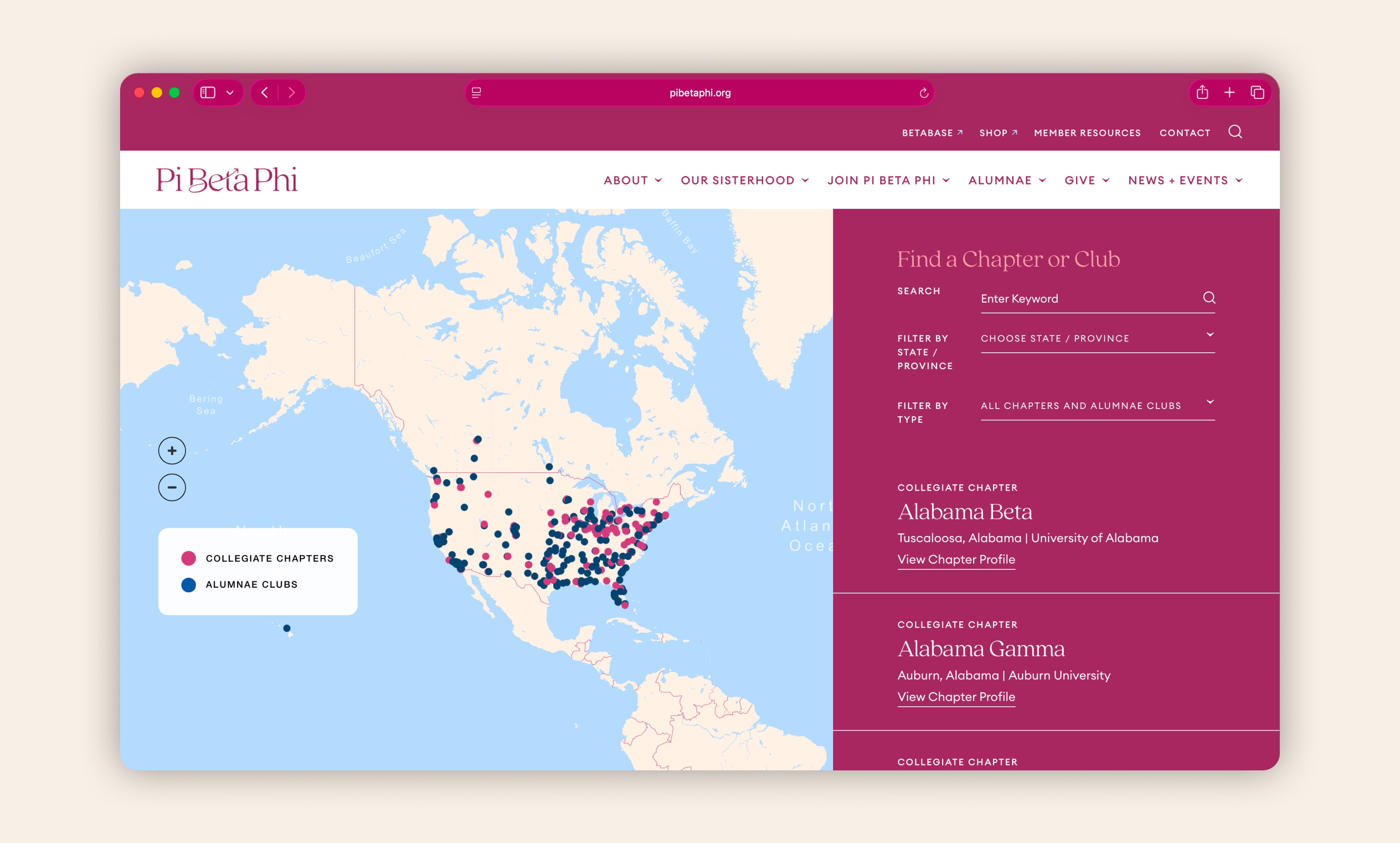 Sorority webpage showing how to filter locations of different chapters and clubs nationwide.