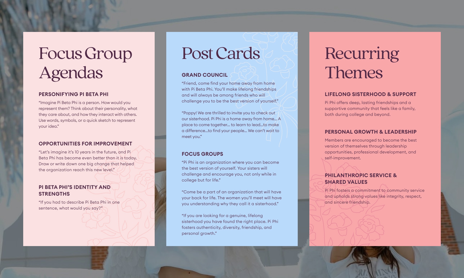 Brand strategy research presentation highlights showing focus group agendas, recurring themes, and insights gathered during audience research.