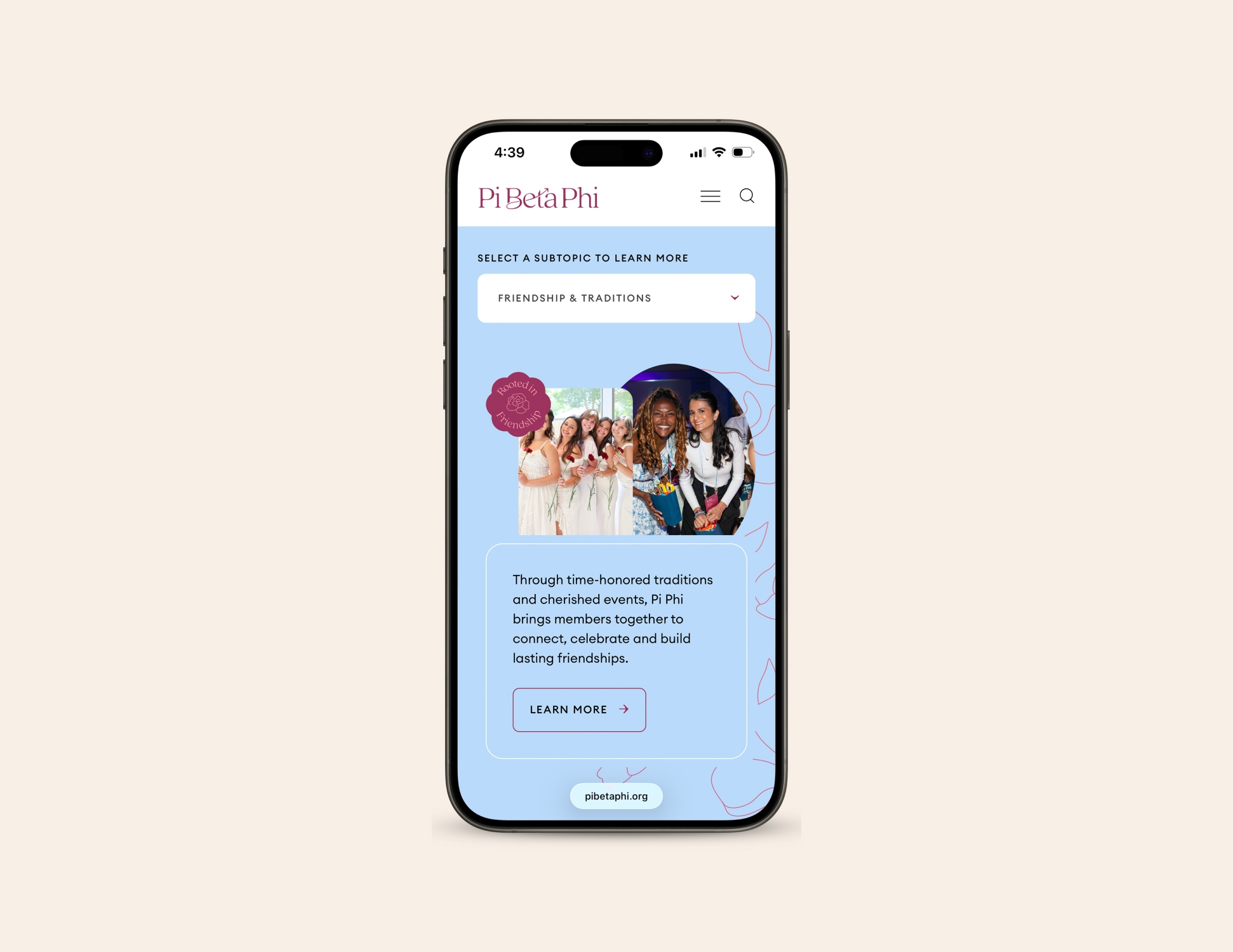Screenshot of sorority website viewed on a mobile device.