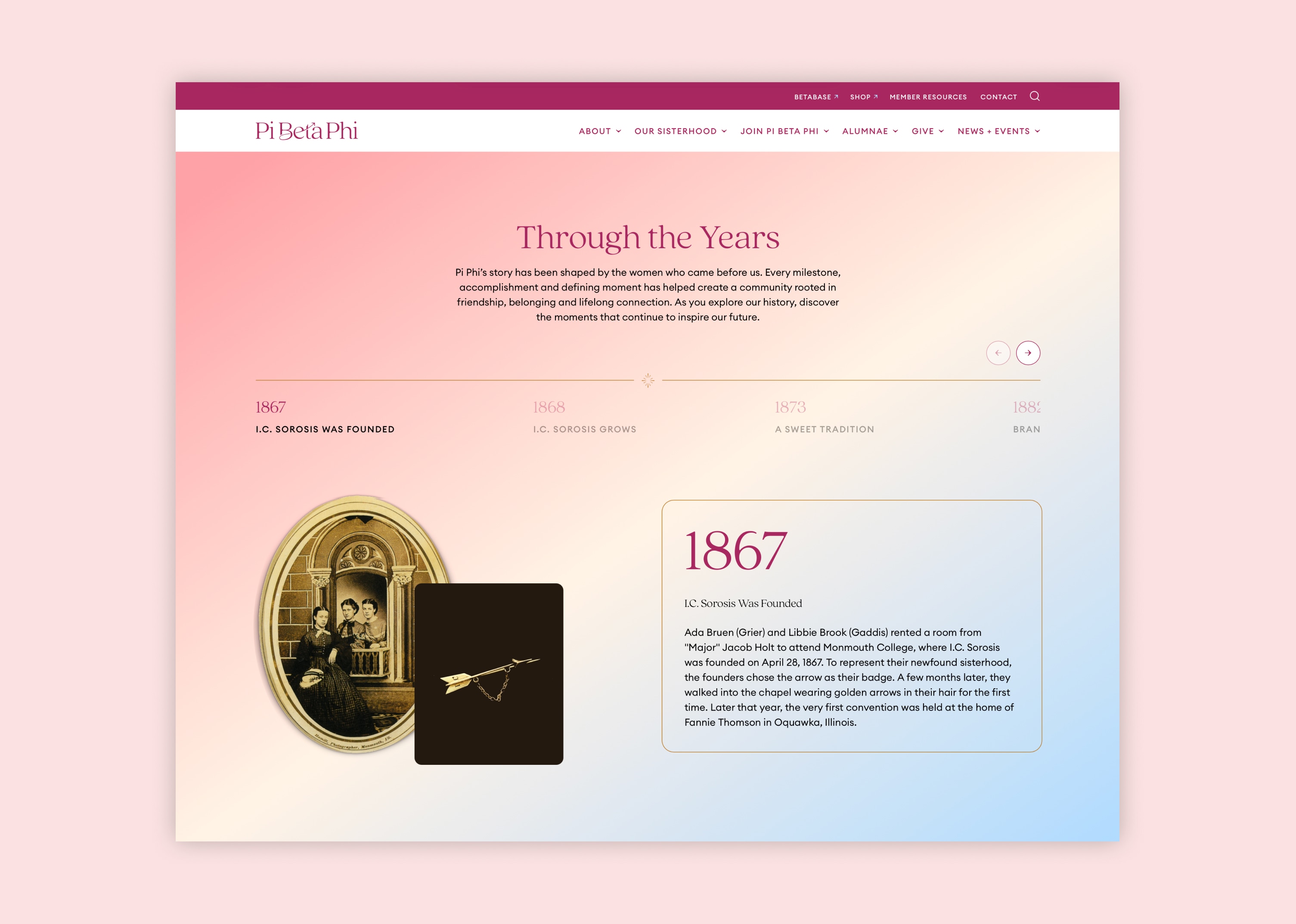 Screenshot showing a branded timeline of sorority history as it appears on desktop.