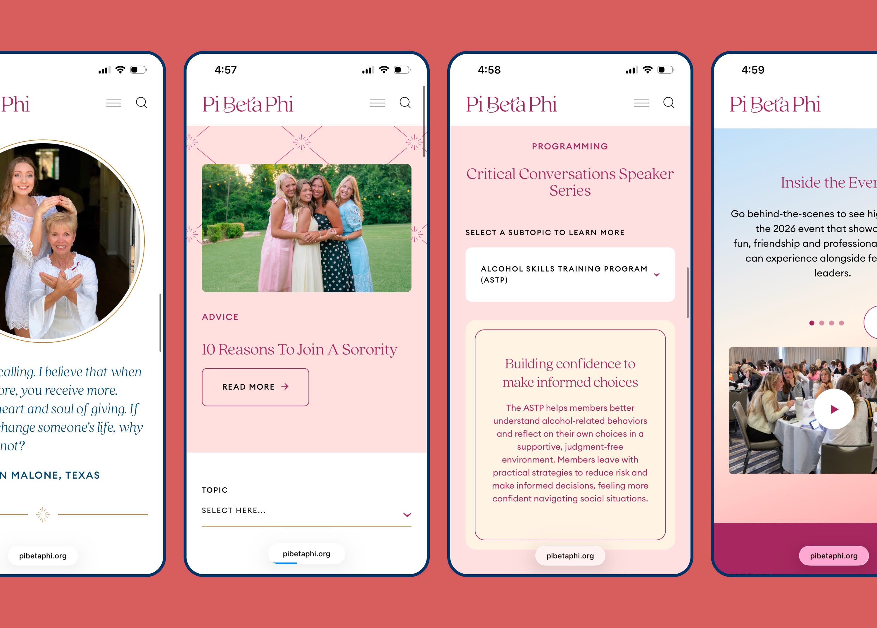 Screenshots of several webpages featuring featured sorority events, stories, and topics.