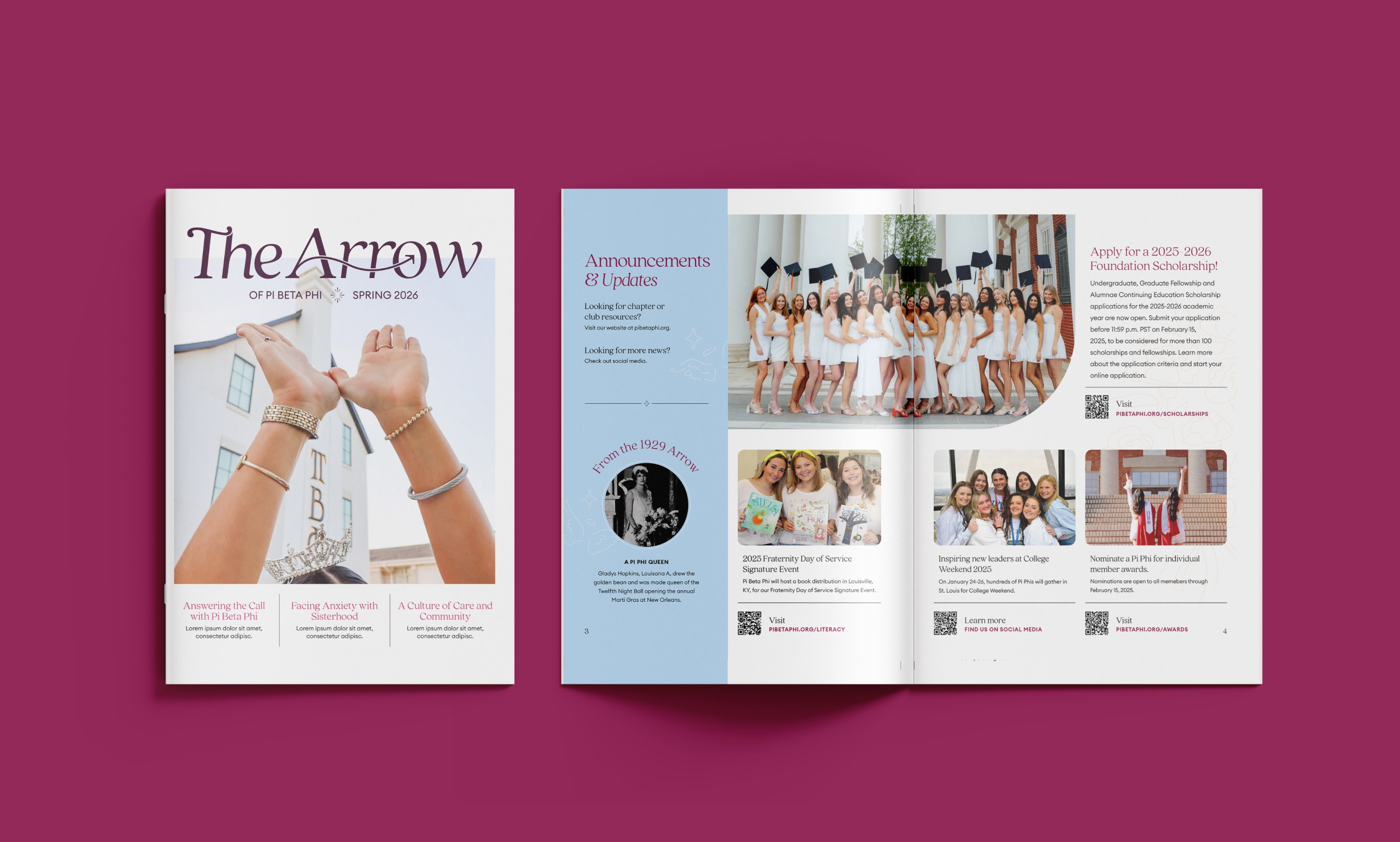 Sorority magazine featuring branded editorial layouts, photography, and visual identity.