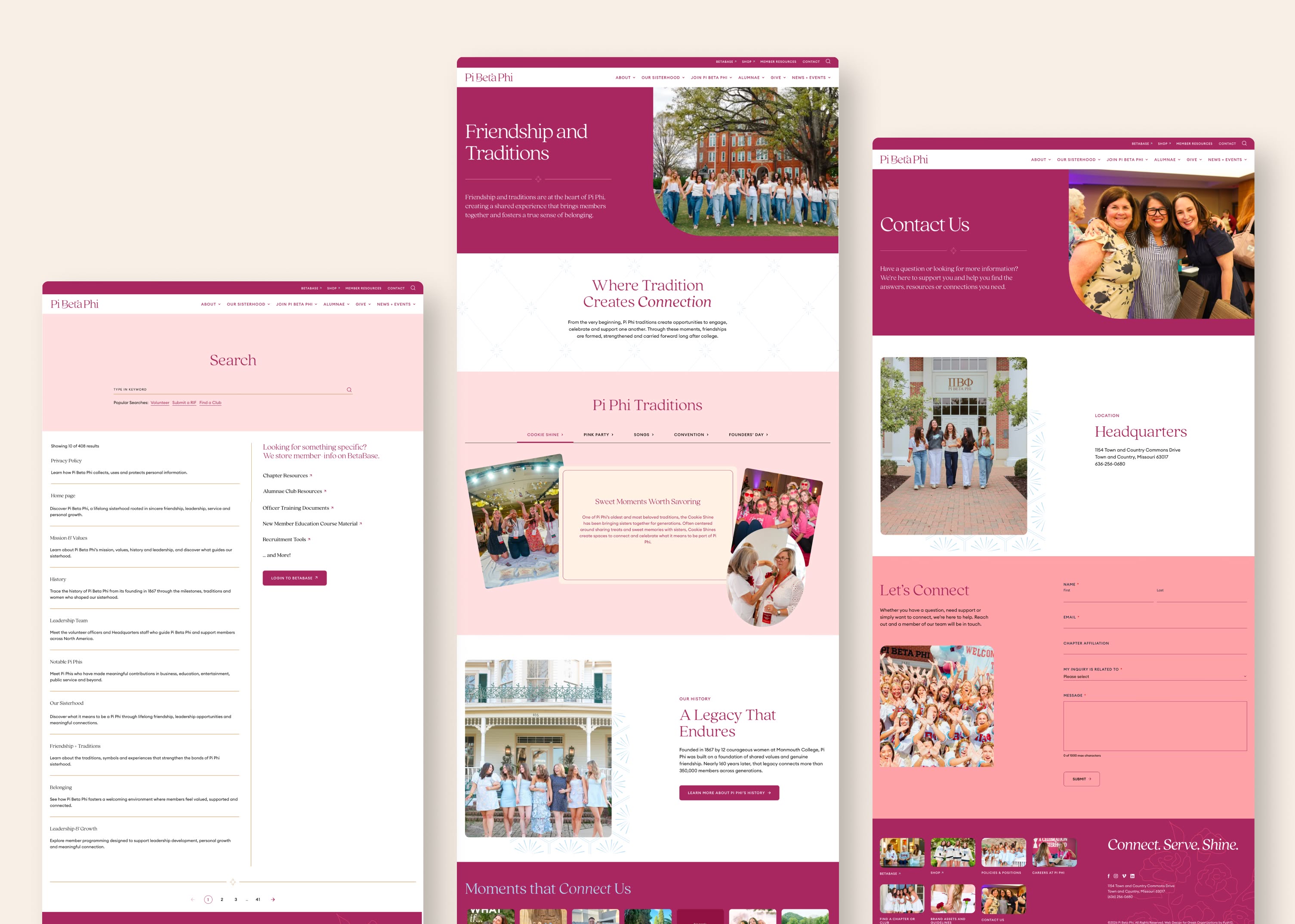 Sorority website screenshots featuring desktop pages showcasing visual identity and creative direction.