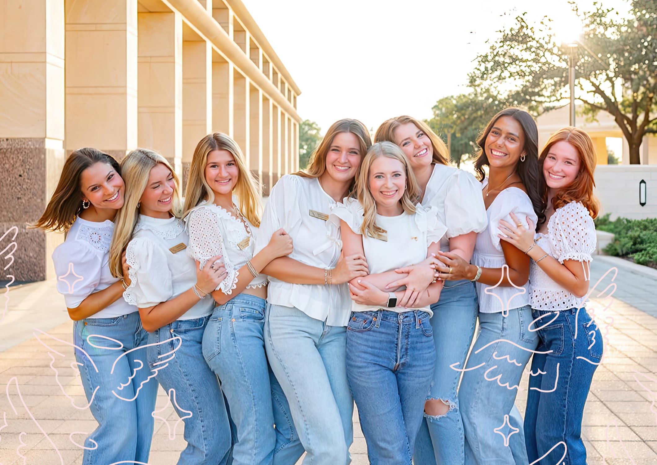Group photo of sorority members enhanced with custom illustrations from the brand’s visual identity.