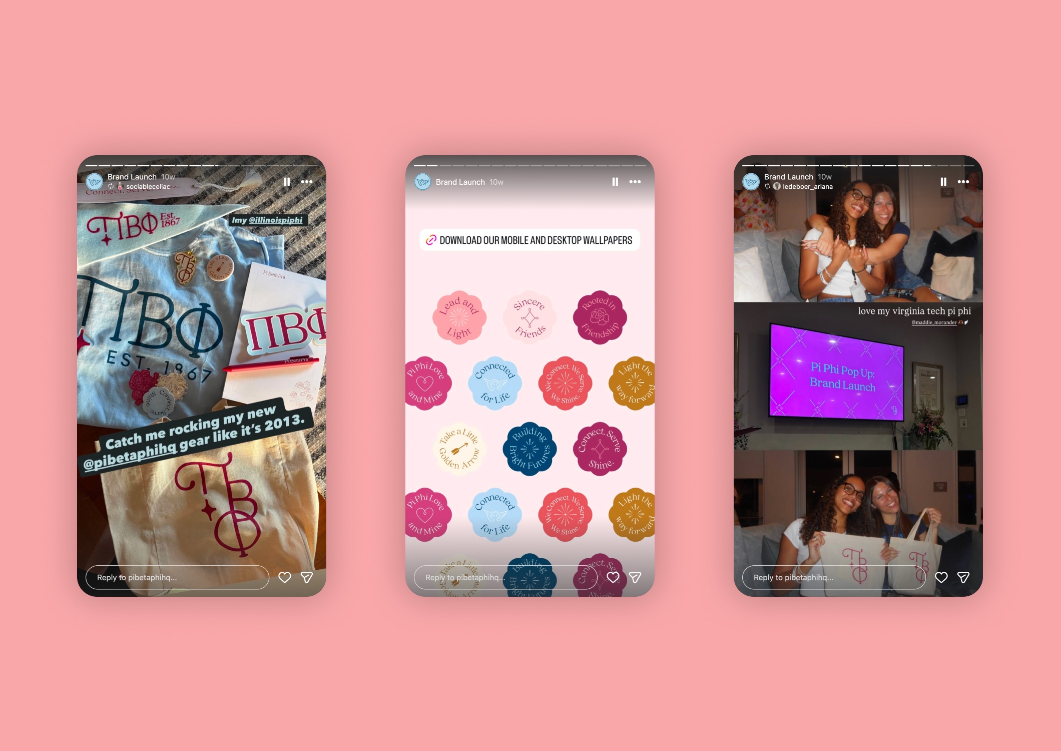Screenshots of Pi Phi’s branded Instagram Stories featuring the sorority’s visual identity and messaging.