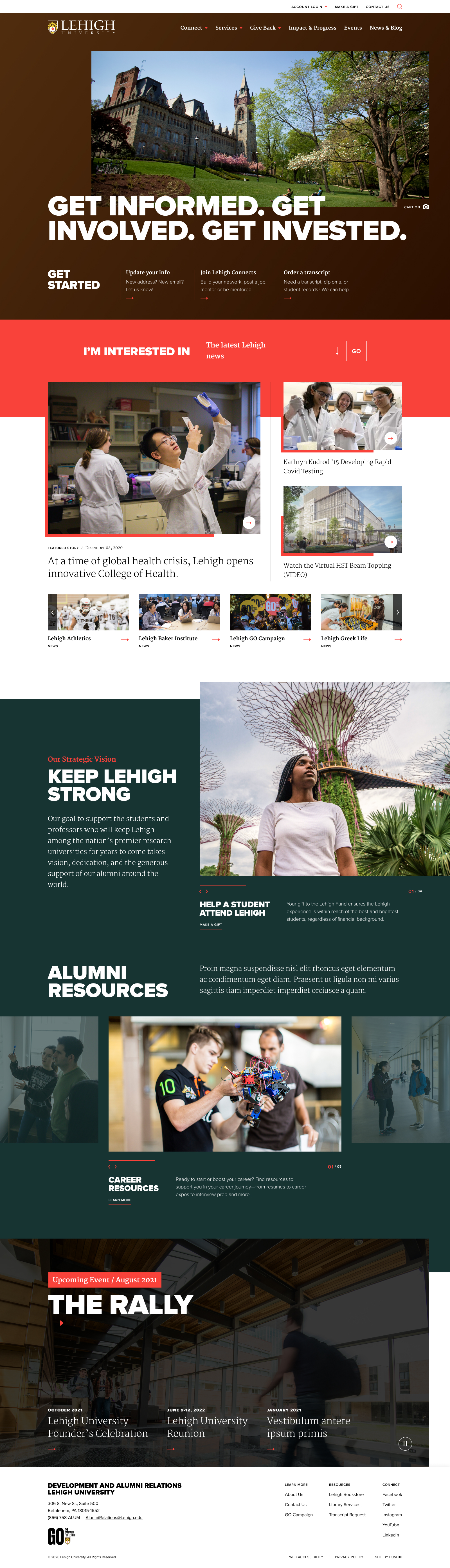 Homepage design for Lehigh University Office of Development and Alumni Relations