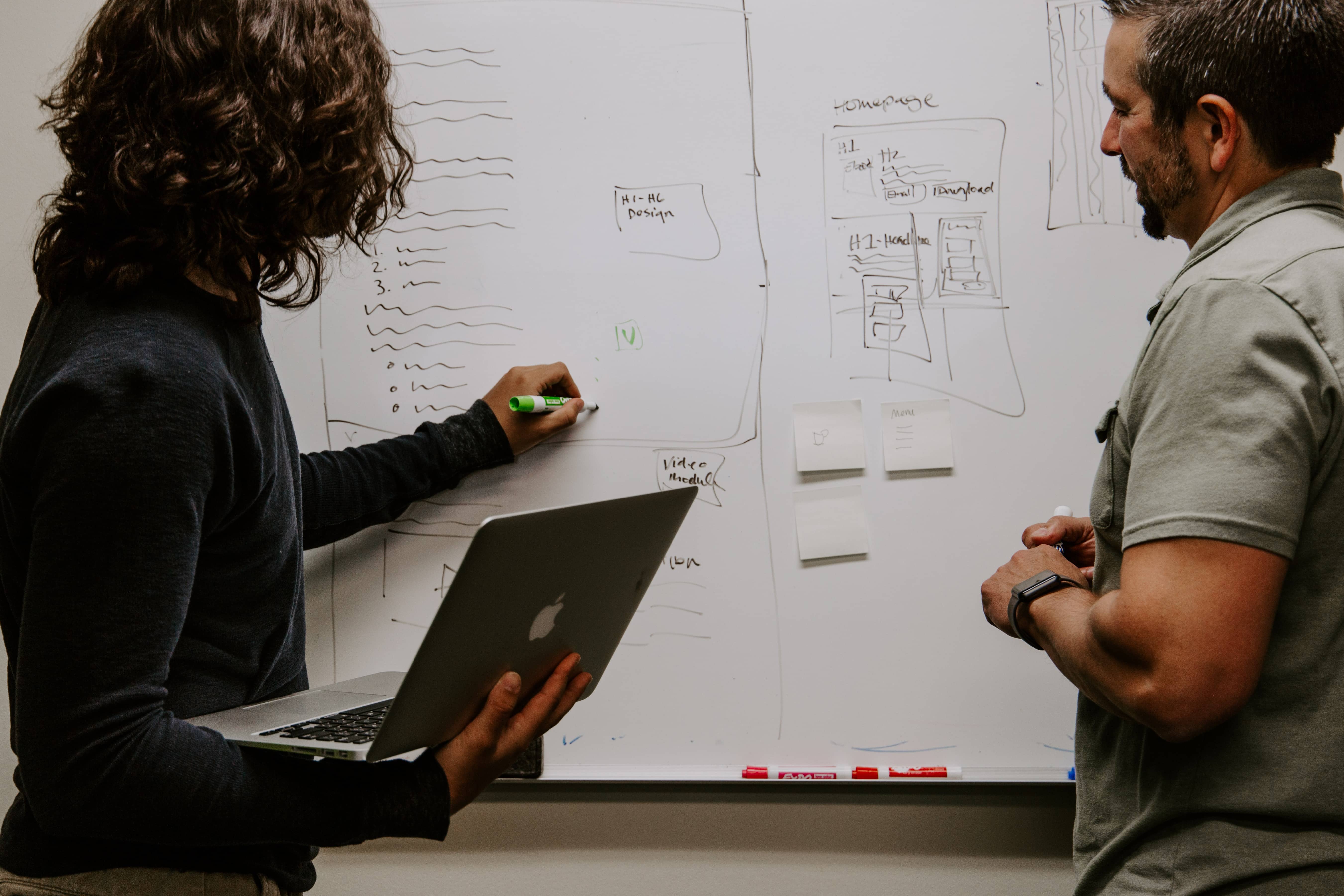 Two people working on wireframes on a whiteboard